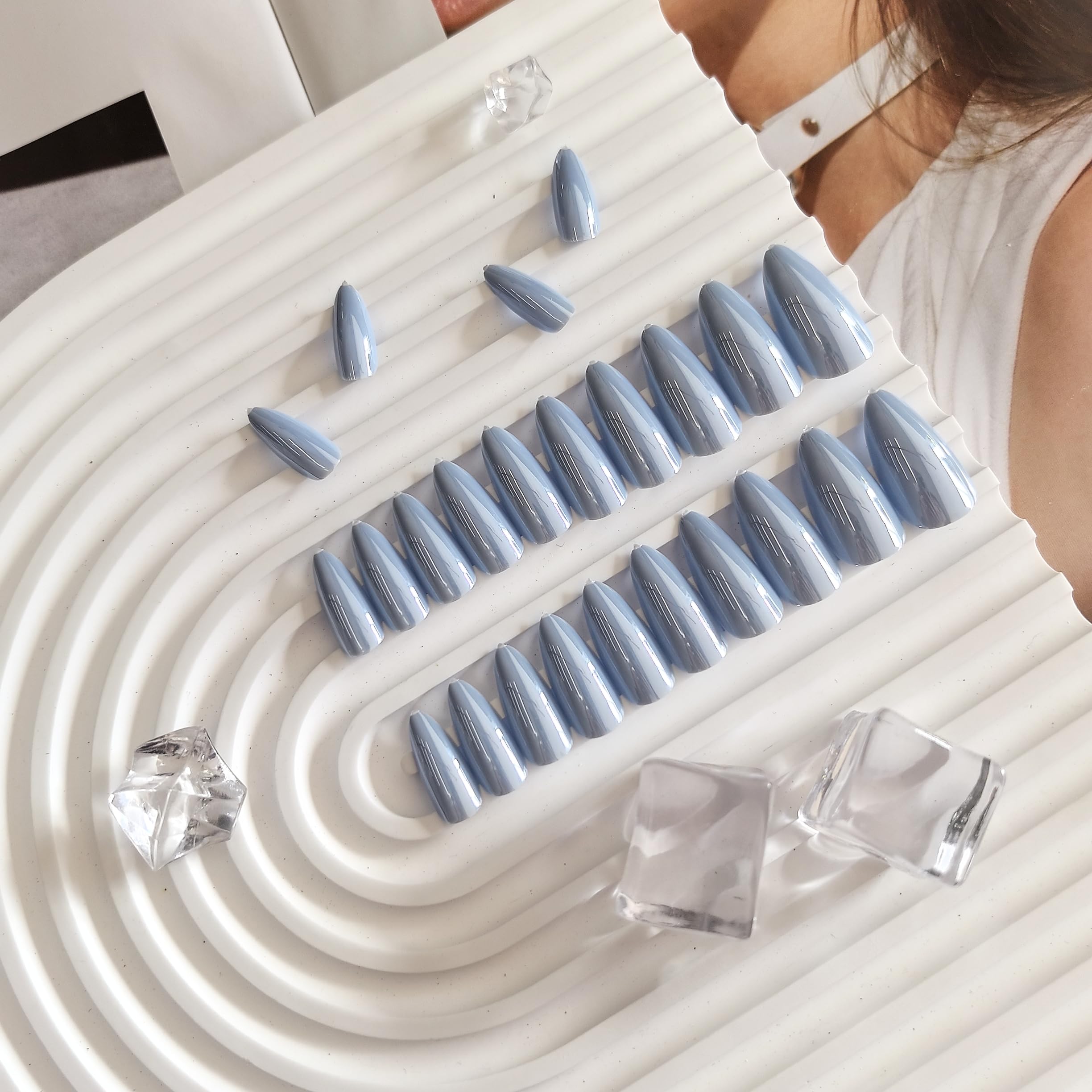 Baby Blue Press On Nails Almond - KQueenest Chrome Press On Nails Medium, Sparkle Fake Nails Press on Mirror Shine, Glazed Glue on Nails Medium Stiletto, Reusable Stick On Nails for Women - Image 4