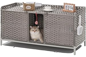 SETVSON Cat Litter Box Enclosure for 2 Cats, Hidden Litter Box Furniture with Mat, Large Rattan Cat House with Double Room and Door, 47.3 L x 19.7 W x 24 H, 2 S-Shaped Hooks for Living Room Gray
