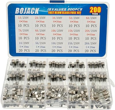 BOJACK 200pc Glass Fuse Assortment Kit 5x20mm 6x30mm 250V 1-20A Fast-Blow