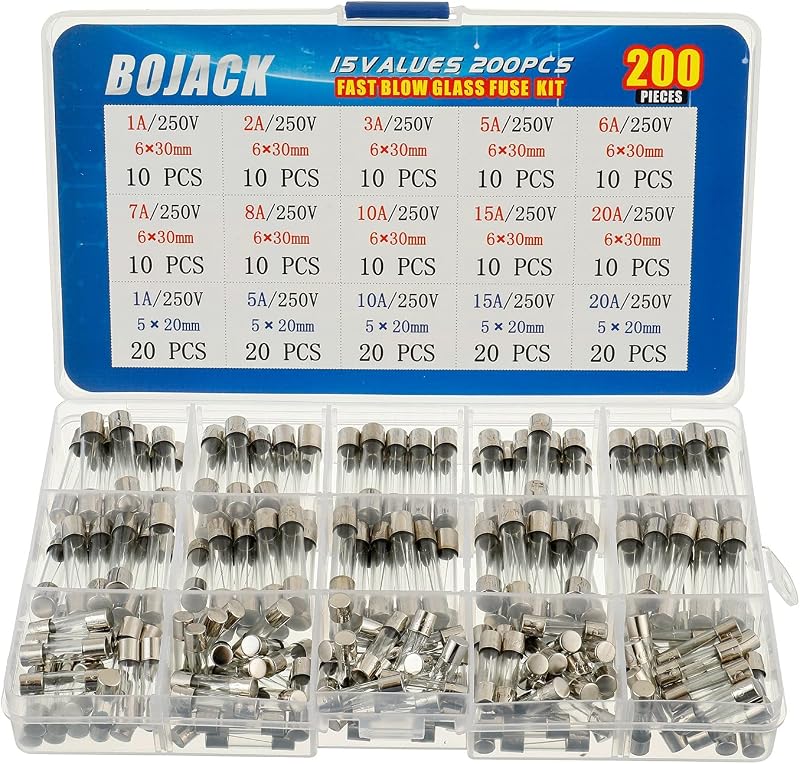 BOJACK 200pc Glass Fuse Assortment Kit 5x20mm 6x30mm 250V 1-20A Fast-Blow