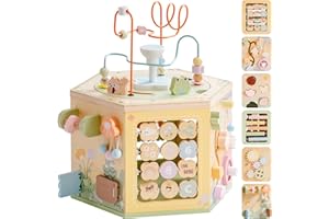 ROBOTIME Wooden Activity Cube for Toddlers, 13 in 1 Montessori Baby Activity Cube, Baby Play Cube Toy with Educational Features, Gift Wooden Cube Toy for Boys & Girls - 1 Year +