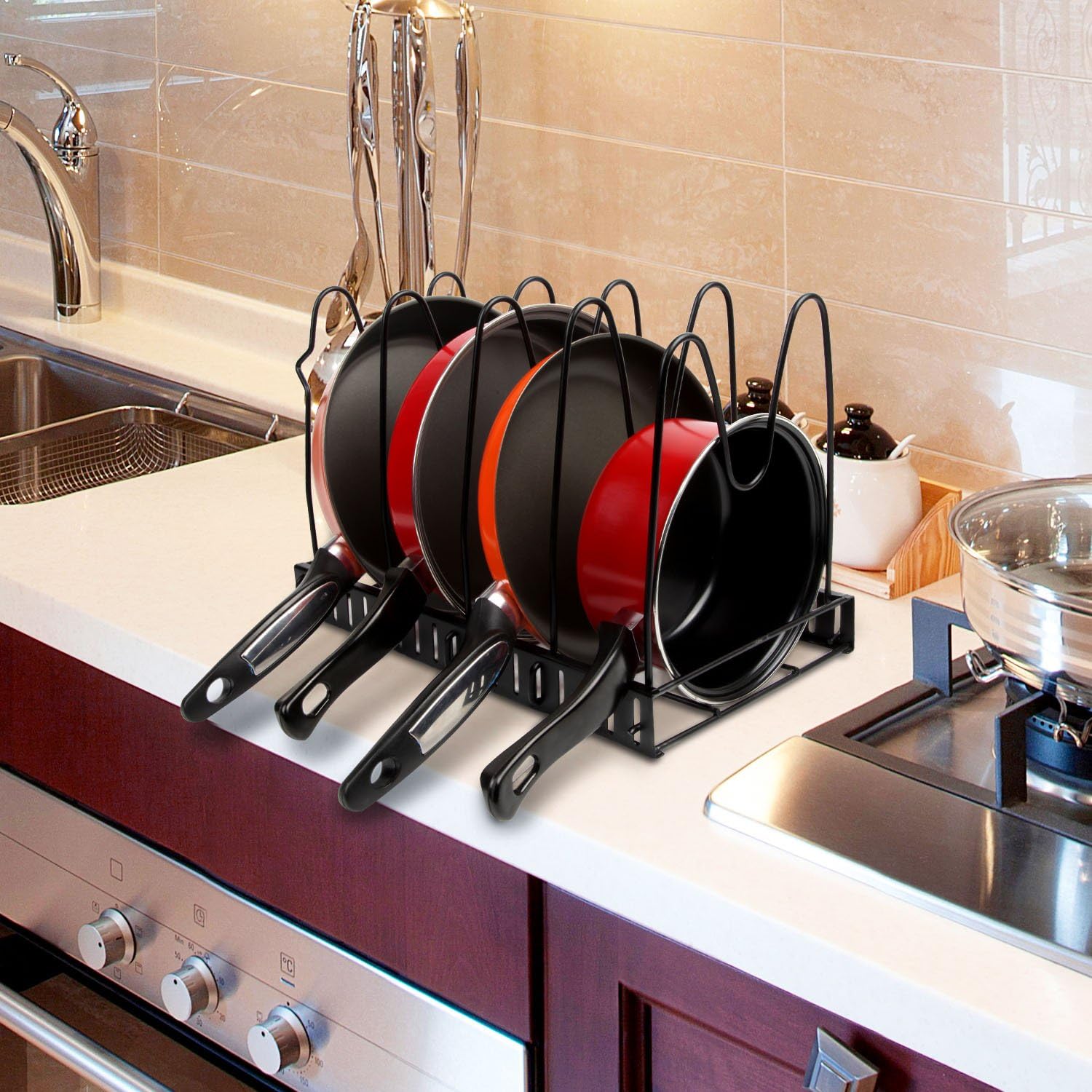 Height Adjustable Pan Organizer Rack, VDOMUS Pan and Pot Lid Holder Black Metal (Black): Home Improvement