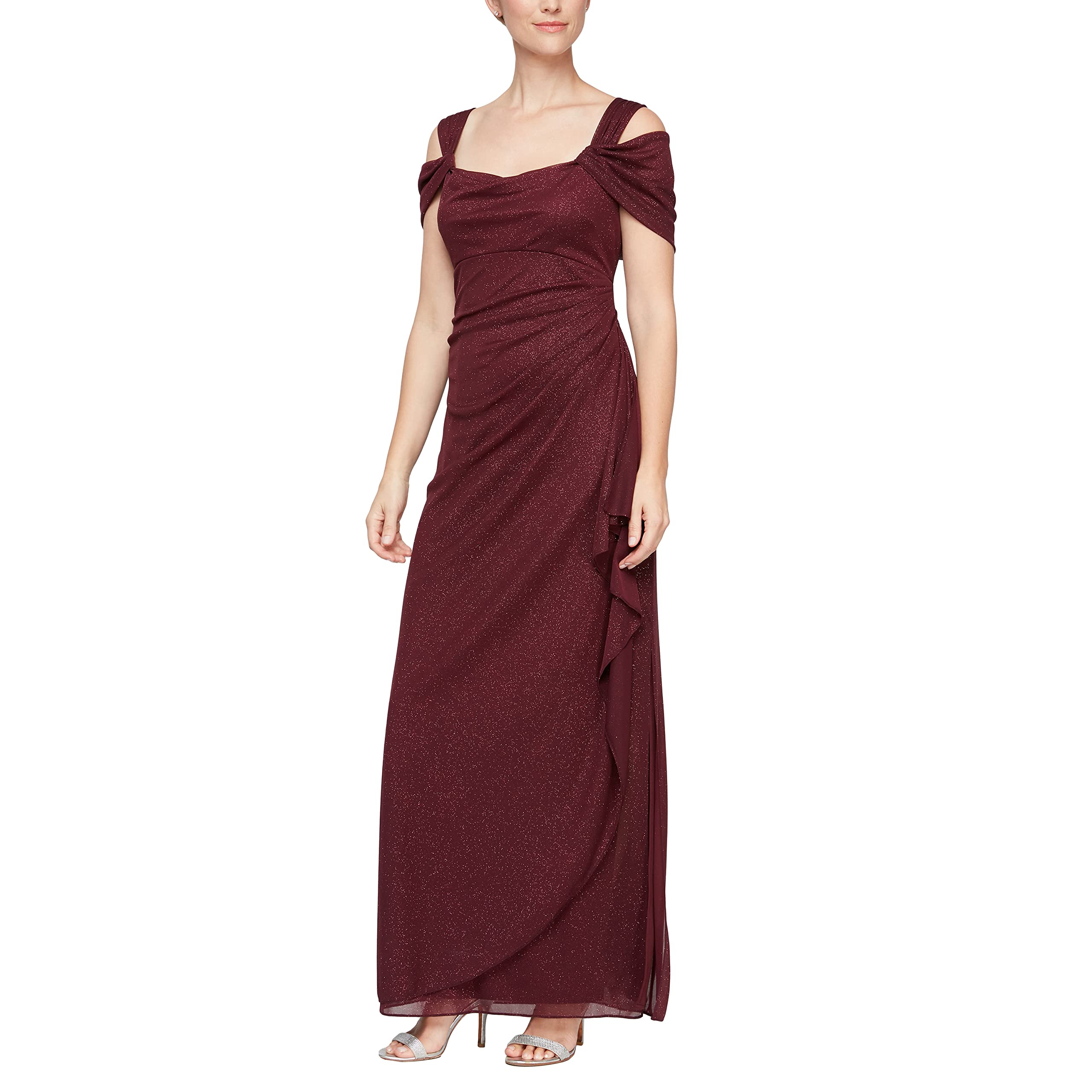 Alex Evenings Women’s Long Cold Shoulder Dress (Petite and Regular Sizes), Fig Glitter, 10