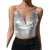 Womens Sexy Sparkly Chain Top - Metallic Sequin Rhinestone Halter Backless Crop Outfit EDM Party Club Tank Shirt