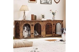 Hzuaneri 71" Dog Crate Furniture for 2 Dogs, Heavy Duty Indoor Dog Kennel TV Stand, XL Wooden Dog Cage with Divider for Medium Large Dogs, End Table Dog Crate with Cushion, Rustic Brown DFC81901B