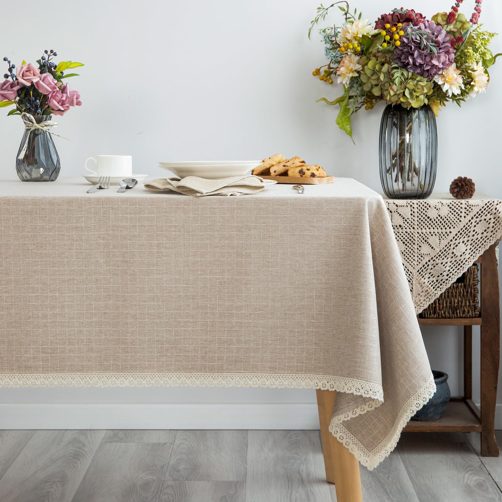 Photo 1 of (USED/FAIR) GLORY SEASON Textured Tablecloth Linen-Look Rustic Burlap Style Washable Solid Heavy Weight Lace Trim Rectangle Fabric Table Cloth,Table Cover for Kitchen Dinning Tabletop Decoration55x70 in Beige