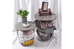 Home-Man Round Nesting Retro Wire Coffee Tables Stacking Storage Convertible Metal Basket Nesting Accent Side End Tables with Storage for Living Room Bedroom Home (Grey, Set of 2)