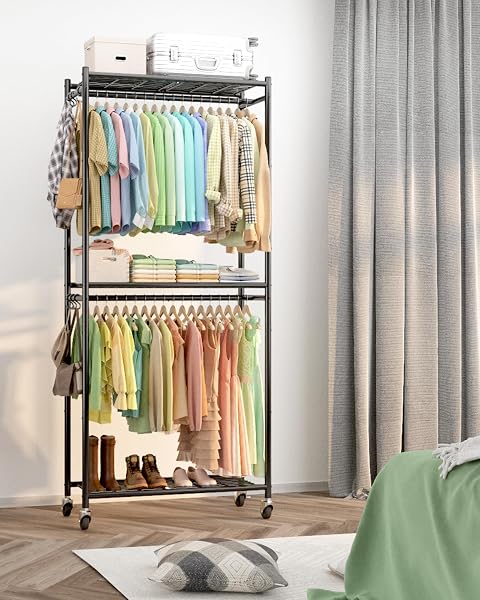 SAKUGI CLOTHES RACK – 33.0″ X 12.2″ X 79.5″ CLOTHING RACK WITH SHELVES & WHEELS, MULTI-FUNCTIONAL WARDROBE CLOSET WITH HOOKS, STURDY METAL GARMENT RACK FOR BEDROOM, LAUNDRY, BALCONY (BLACK)