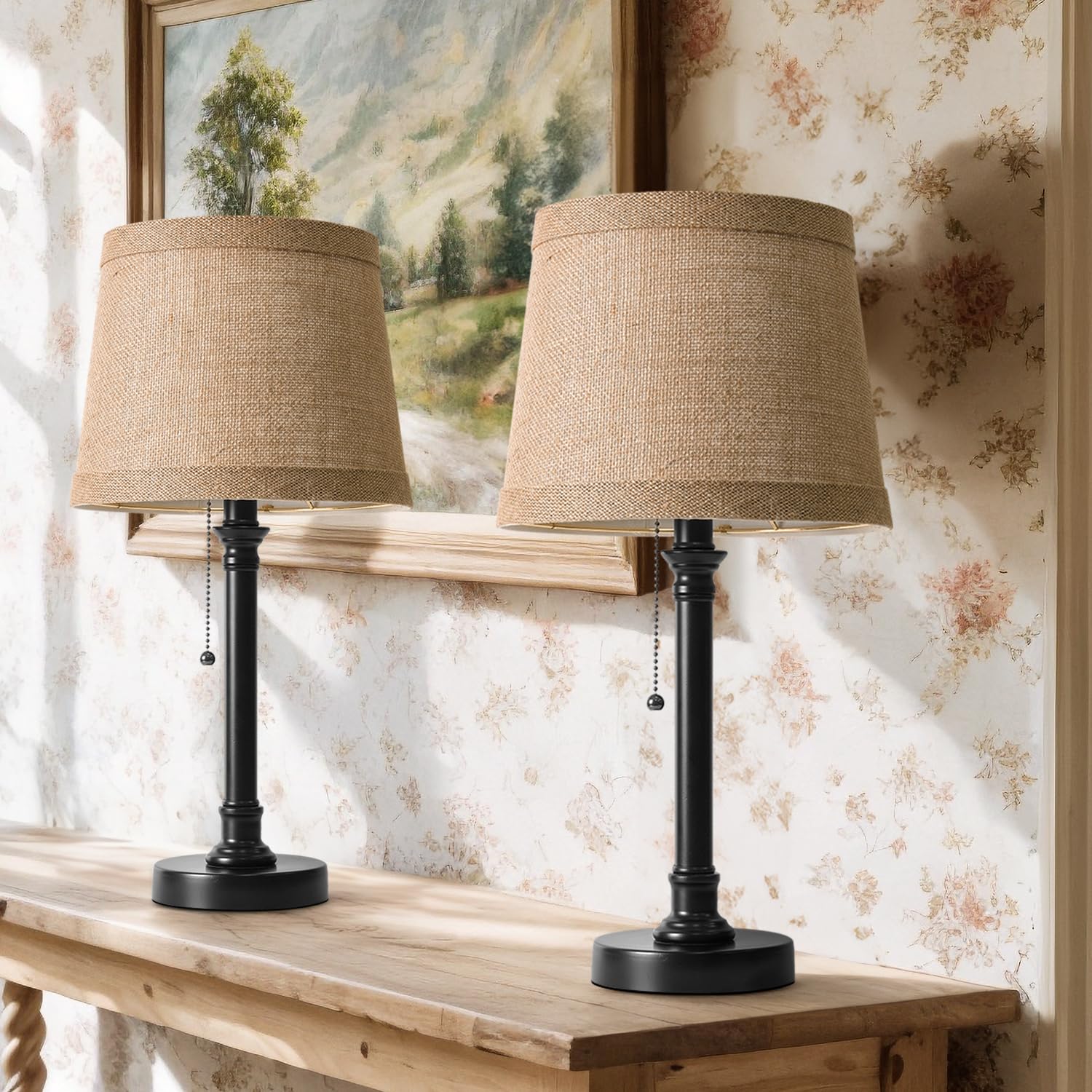 Photo 1 of Oneach 19.5” Table Lamps Set of 2, Pull Chain Switch Bedside Table Lamps, Farmhouse Nightstand Lamp with Unique Natural Shade, Small Lamp for Living Room, Bedroom, Home Office, Nursery