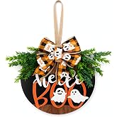 Halloween Door Sign for Front Door, 11.8 Inch Wooden Hello Boo Wreath with Ghost Bow and Greenery, Rustic Halloween Hanging Decor for Porch, Entryway, Wall