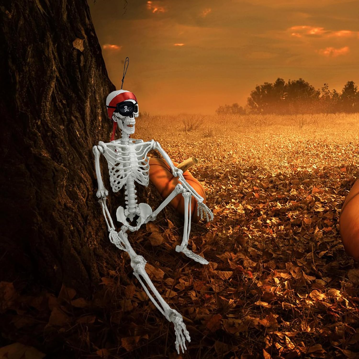 Decorative Garden Stakes - 3FT Posable Joints Skeleton Halloween Decor,Plastic Human Full Size Realistic Skeleton Decor with One-Eyed Blindfold and a Red Hood for Indoor and Outdoor Halloween Scary Decorations