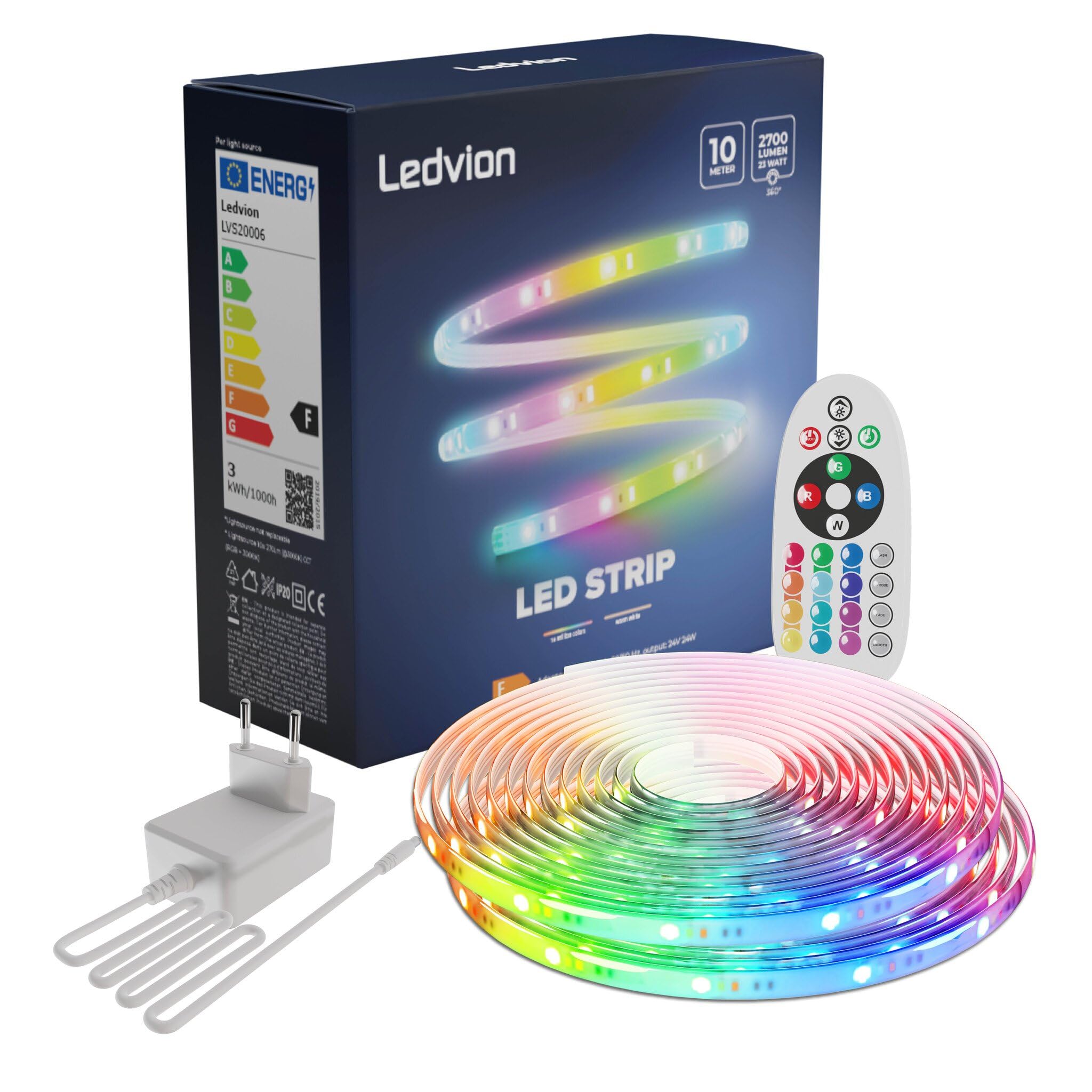 Ledvion - LED Strip Dimaar 10M, RGB, 12V, 24W, Incl. remote control, 60 LEDs/m, shortened to 20 cm
