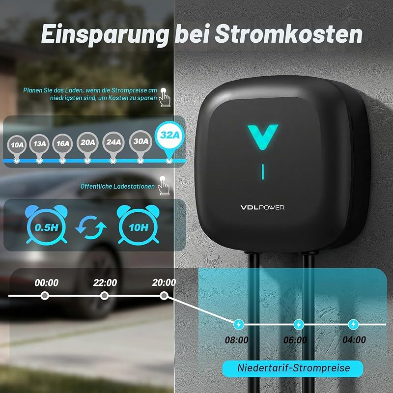 Wallbox 7.4kW mit APP, Typ 2 Ladekabel, 1-Phase 6-32A EV-Ladegerät, 6m Kabel mit Kabelhalter, RCD Typ A & IP67, Ladestation mit WLAN & Bluetooth, für Zuhause für BEV PHEV