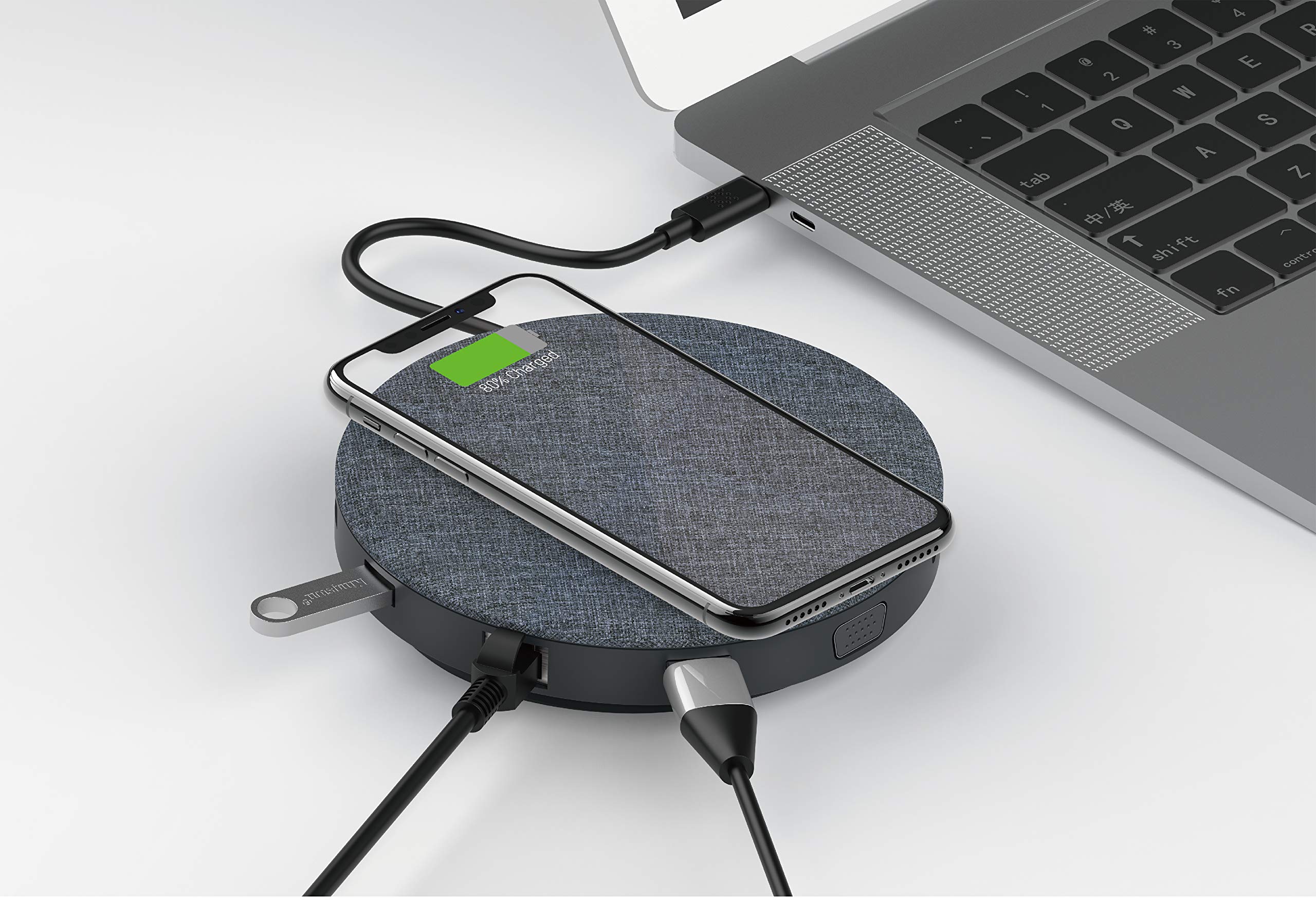 Devia USB-C Round Hub to USB3.0+HDMI 4K+VGA+RJ45 Giga+Audio and Charge Qi 10W