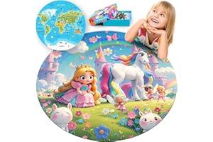ELX 70 Piece Floor Puzzle for Kids Ages 4-8,Unicorn Princess & World Map Jigsaw Puzzles,Double-Sided Round Large Puzzles for Toddlers,Educational Toys for Boys & Girls (22.5 Inch)