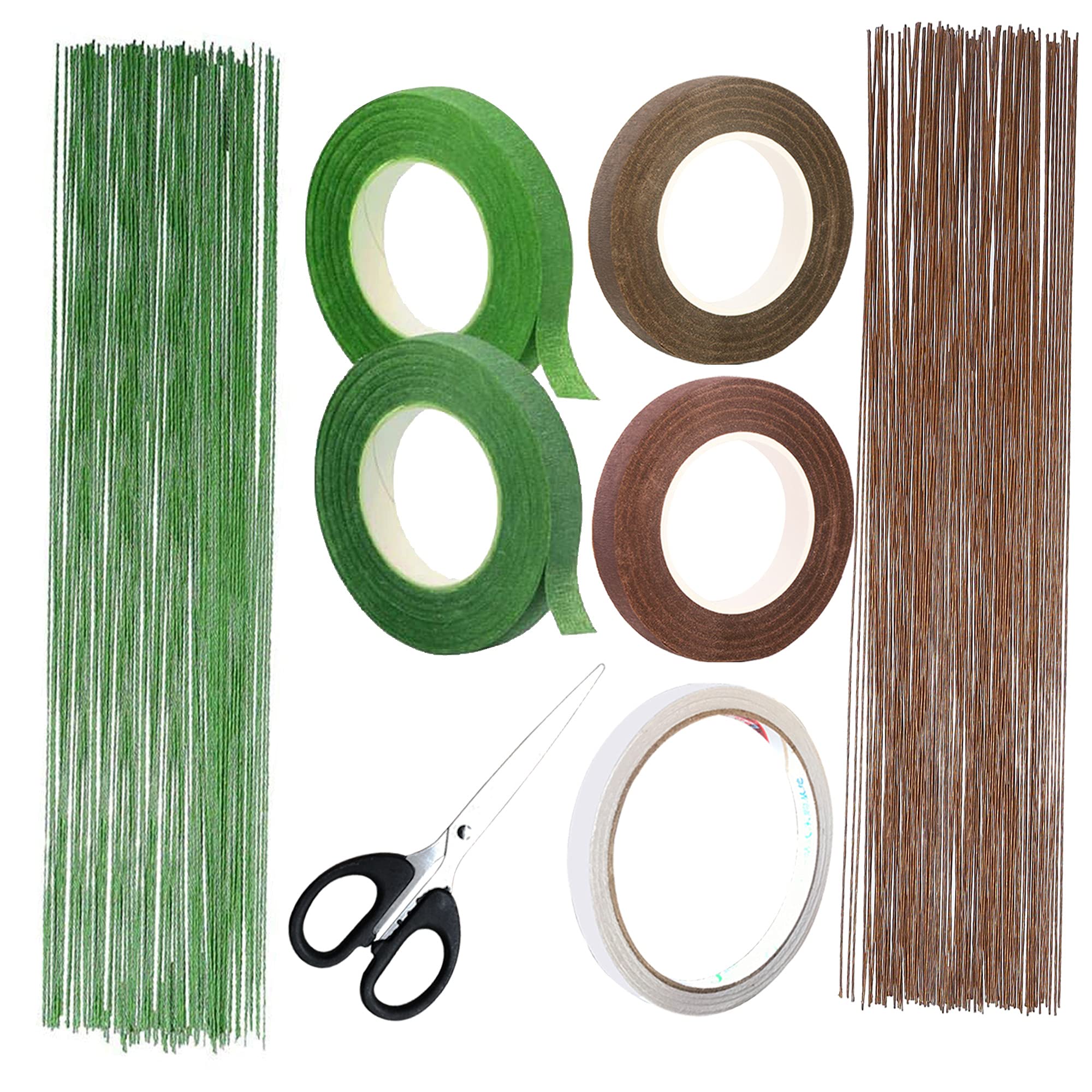 NA Woohome Floral Arrangement Tools Kit, 200 PCS 26 Gauge Green and Dark Brown Floral Stem Wire, 4 Roll Floral Tapes, Scissors, Double Sided Tape for Bouquet Stem Wrap Florist