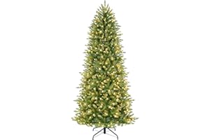 Puleo International 7.5ft Pre-Lit Slim Fraser Christmas Tree with 500 Clear Lights, 1453 Realistic Dense Branch Tips, Easy Setup Artificial Trees with Sturdy Metal Stand