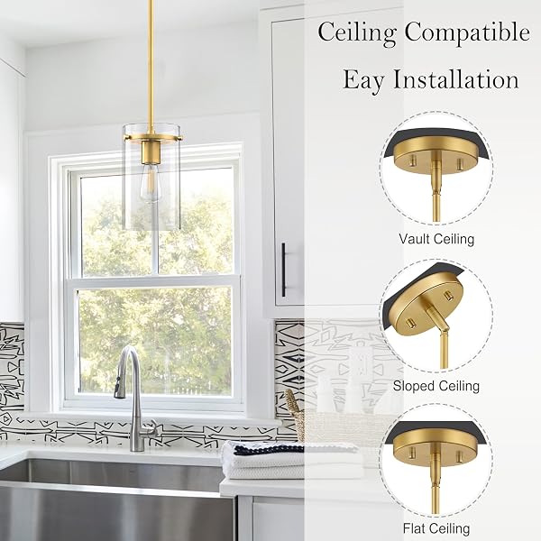 DORAIMI LIGHTING 3 PACK MODERN KITCHEN ISLAND ROD PENDANT LIGHT 5.5″ CLEAR GLASS SHADE PENDANT LAMP,GOLD FINISH FARMHOUSE HANGING LIGHT FIXTURE KITCHEN ISLAND DINING ROOM BEDSIDE