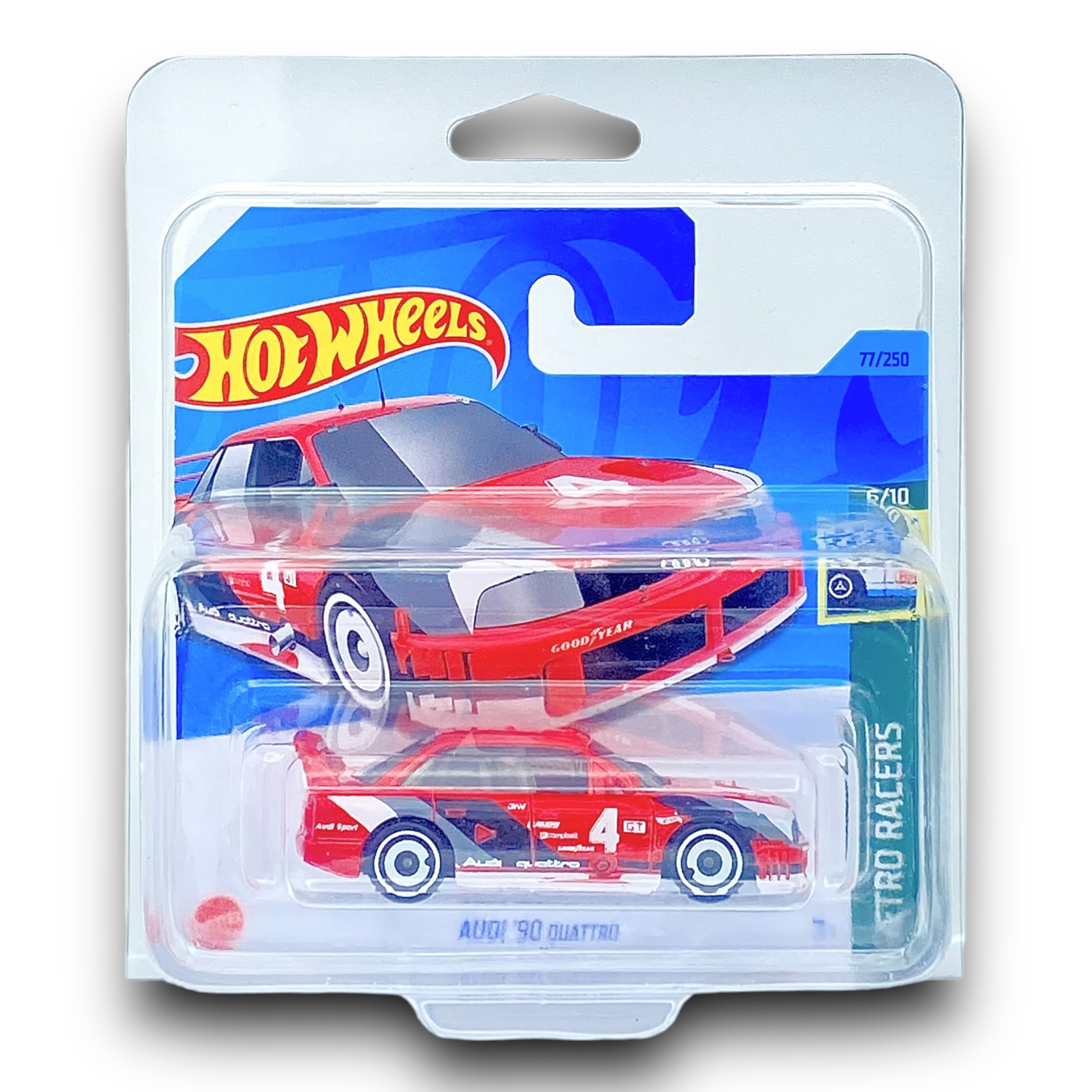 Hot Wheels Audi '90 Quattro (Red) 6/10 Retro Racers - 2023-77/250 (Short Card) - COMES IN A KLAS CAR KEEPER SHORT CARD PROTECTOR CASE - HKJ81