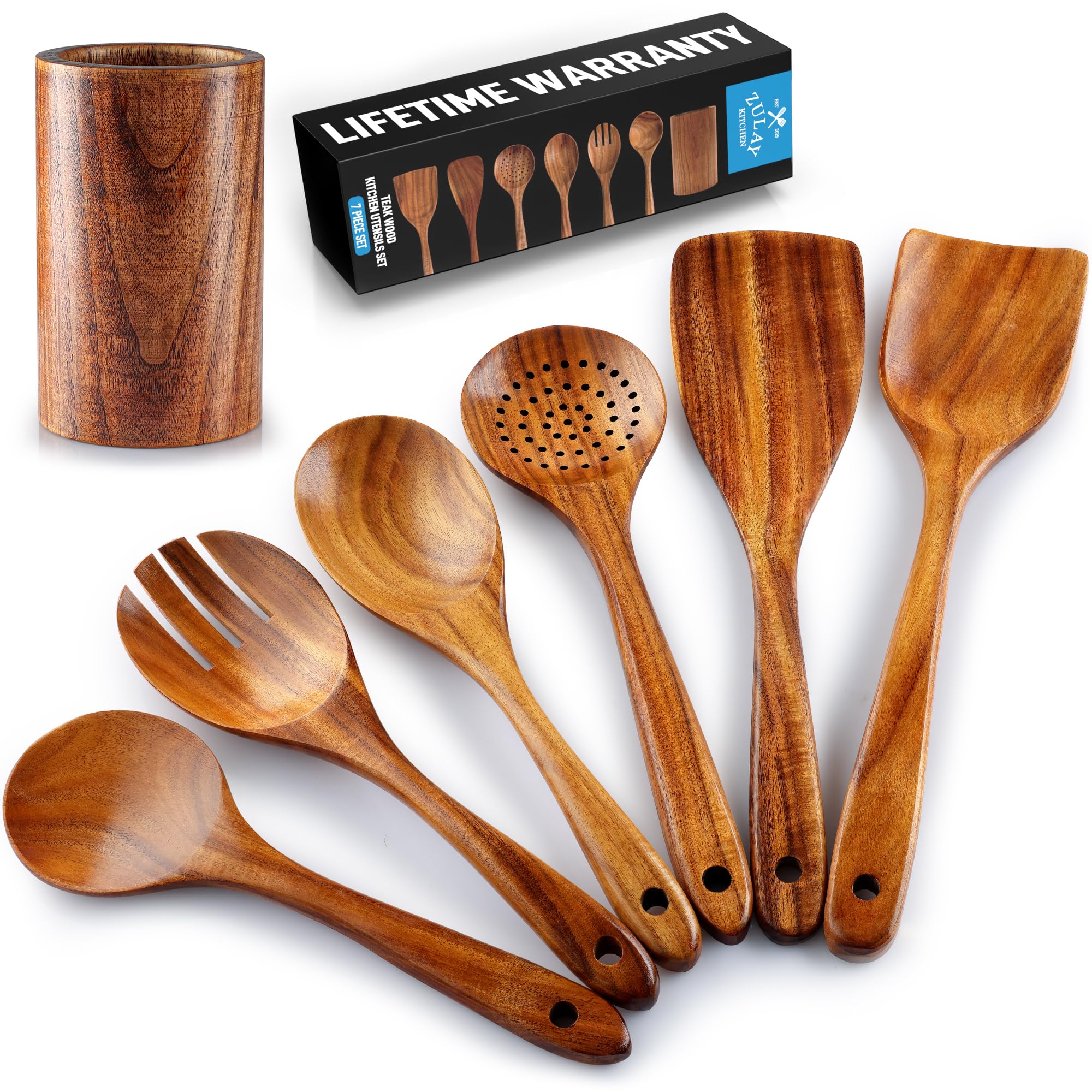 Zulay Kitchen 7-Piece Wooden Cooking Spoons Set – Heat-Resistant, Smooth Teak Utensils with Comfort Grip – Lightweight & Durable – Easy to Clean, Perfect for Non-Stick Cookware Image