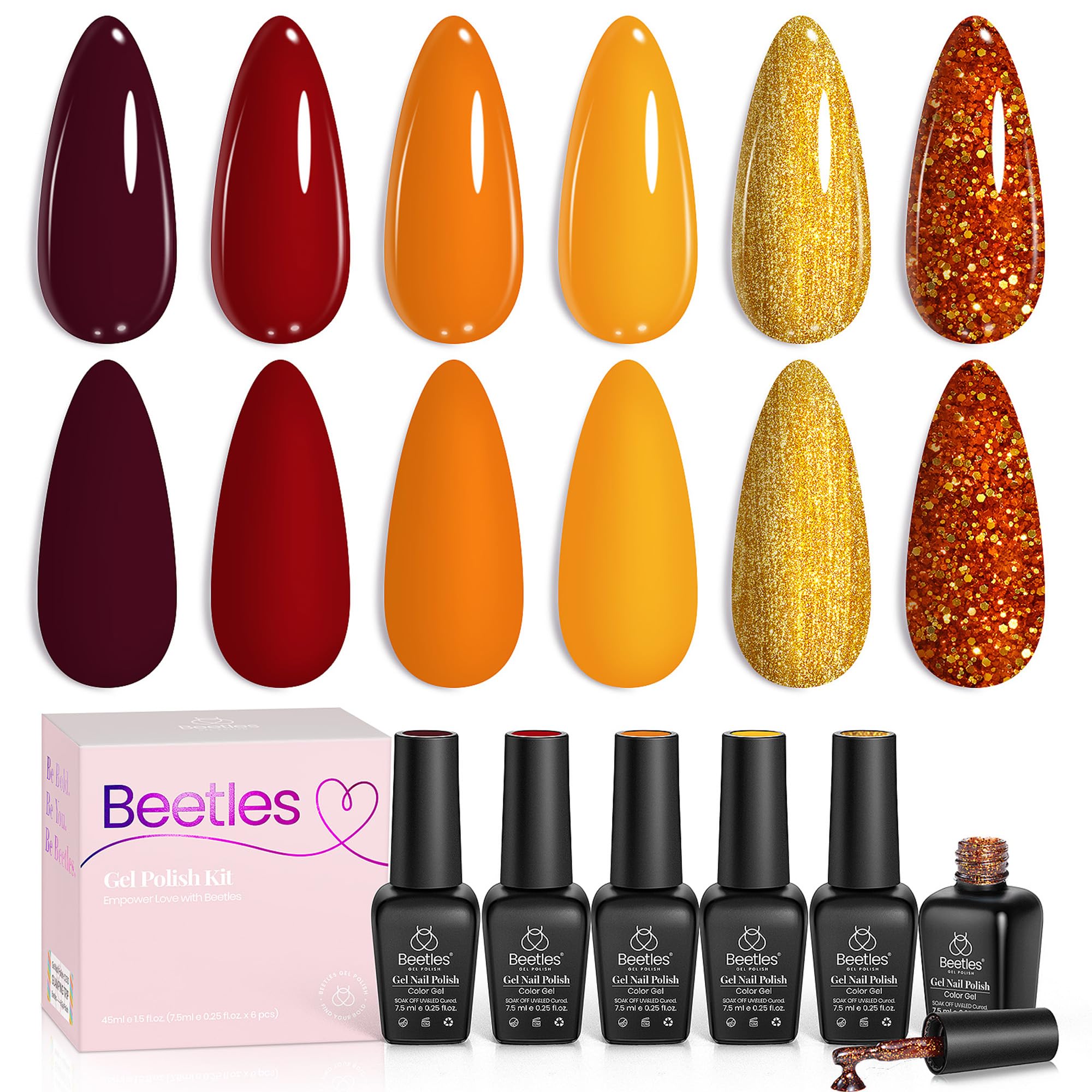 Beetles Gel Nail Polish Set, All Season Colours Yellow Orange Gold Glitter Red Soak Off UV Gel Salon Manicure Kit DIY at Home Nail Gifts for Women
