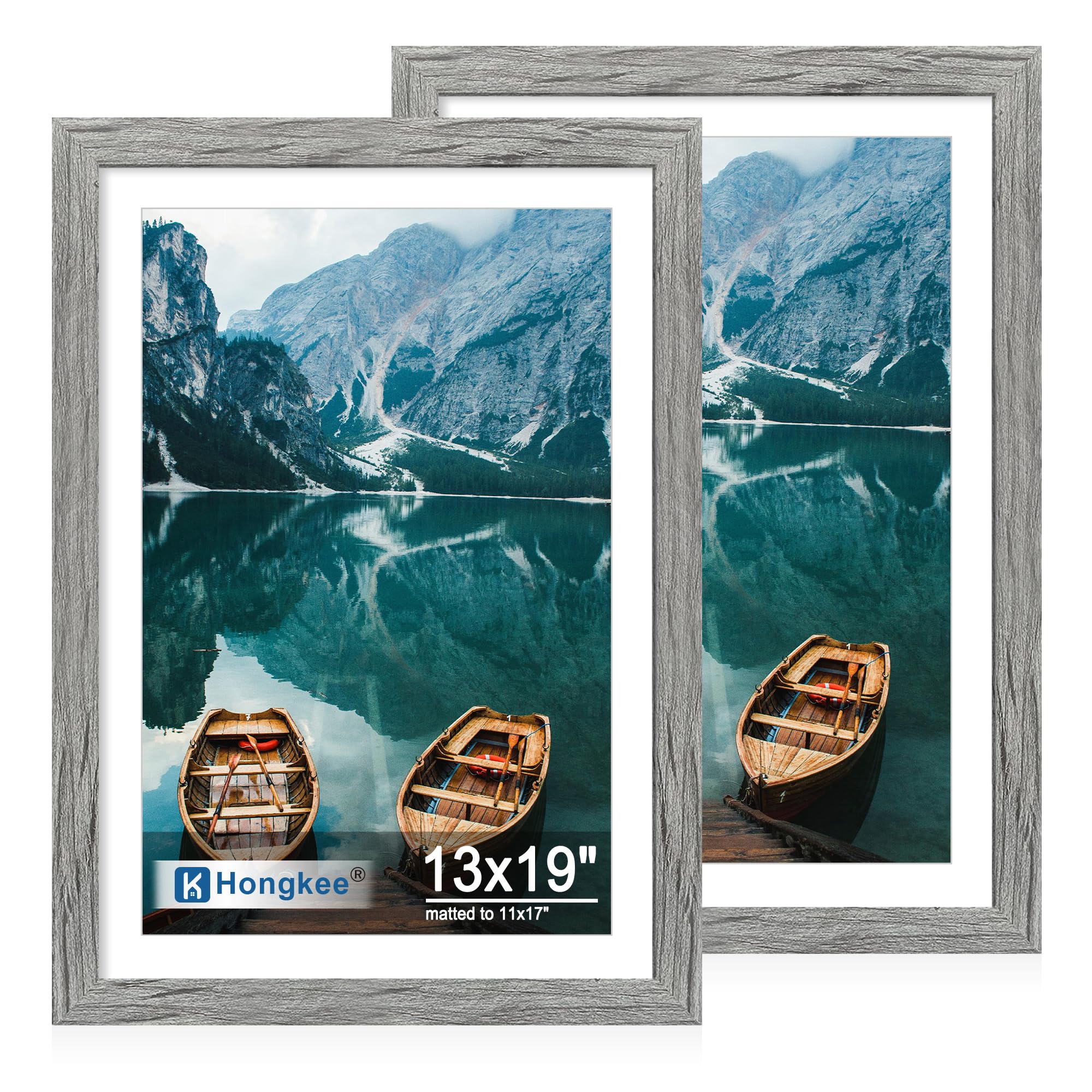 Hongkee 13x19 Picture Frame Set of 2, Grey Wood Style - Display Posters 11 x 17 with Mat or 13x19 without Mat, Wall Mounting Horizontal and Vertical Image
