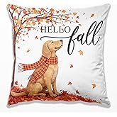DOFQZ Hello Fall Dog Pillow Covers 18x18, Farmhouse Autumn Decor,Fall Autumn Maple Leaves Decorative Throw Pillow Covers for Home Bedroom Living Room,Dog Lover Gifts
