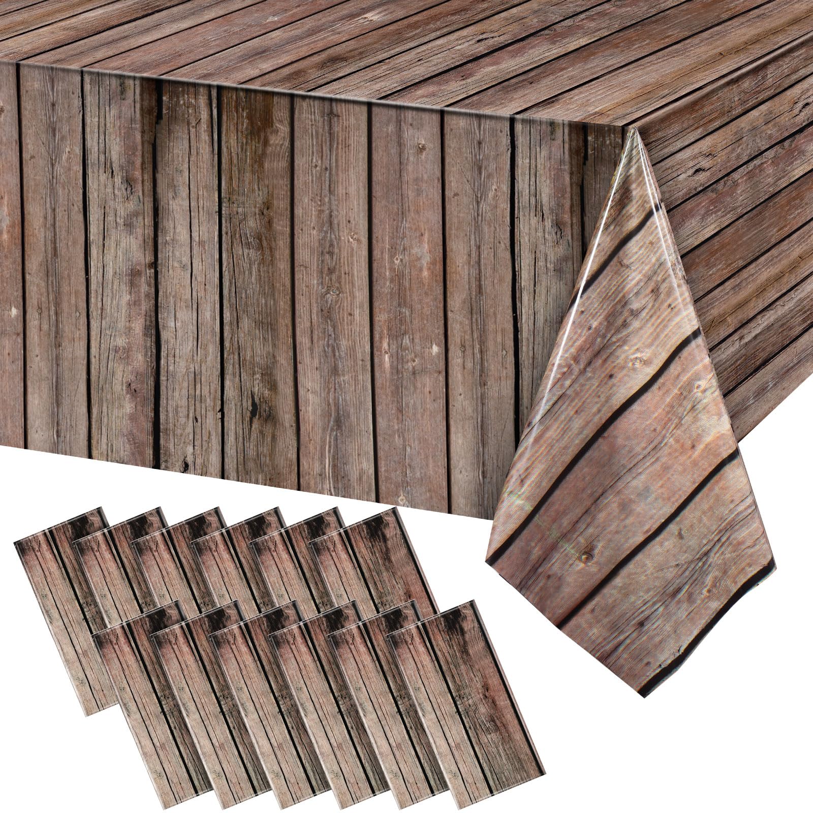 Photo 1 of Tiamon 12 Pcs Western Party Tablecloth Western Cowboy Party Table Cover Cowboy Theme Plastic Tablecloth Wild West Wood Grain Table Cover for Birthday Baby Shower Decor (54 x 108 Inch)