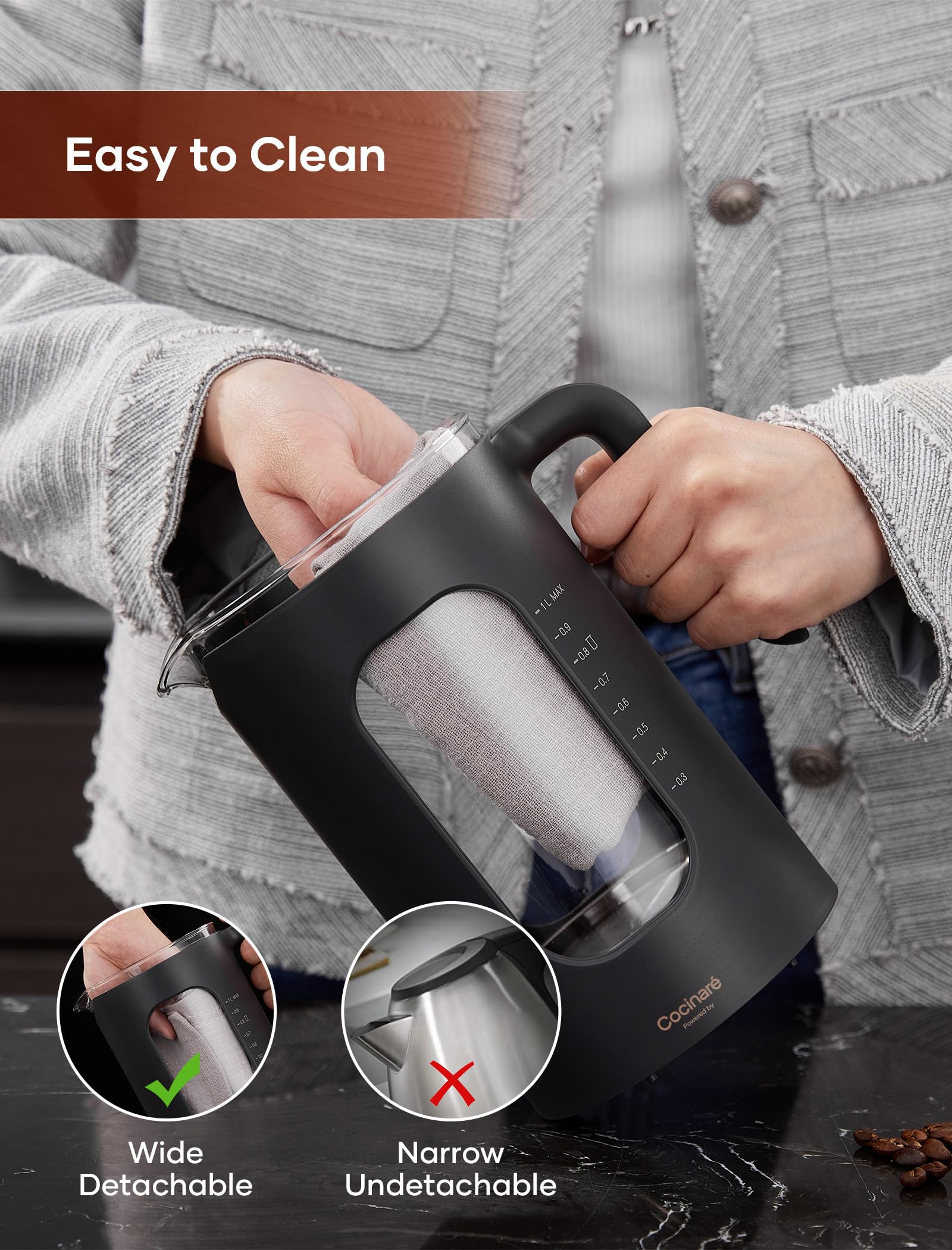 Tetera Eléctrica, INTASTING Hervidor Eléctrico de Vidrio con Infusor de Té y Control Preciso de Temperatura con Perilla, Calentamiento Rápido de 1200W, Sin BPA, Fácil de Limpiar, para Té y Café, 1 Litro (Madera)