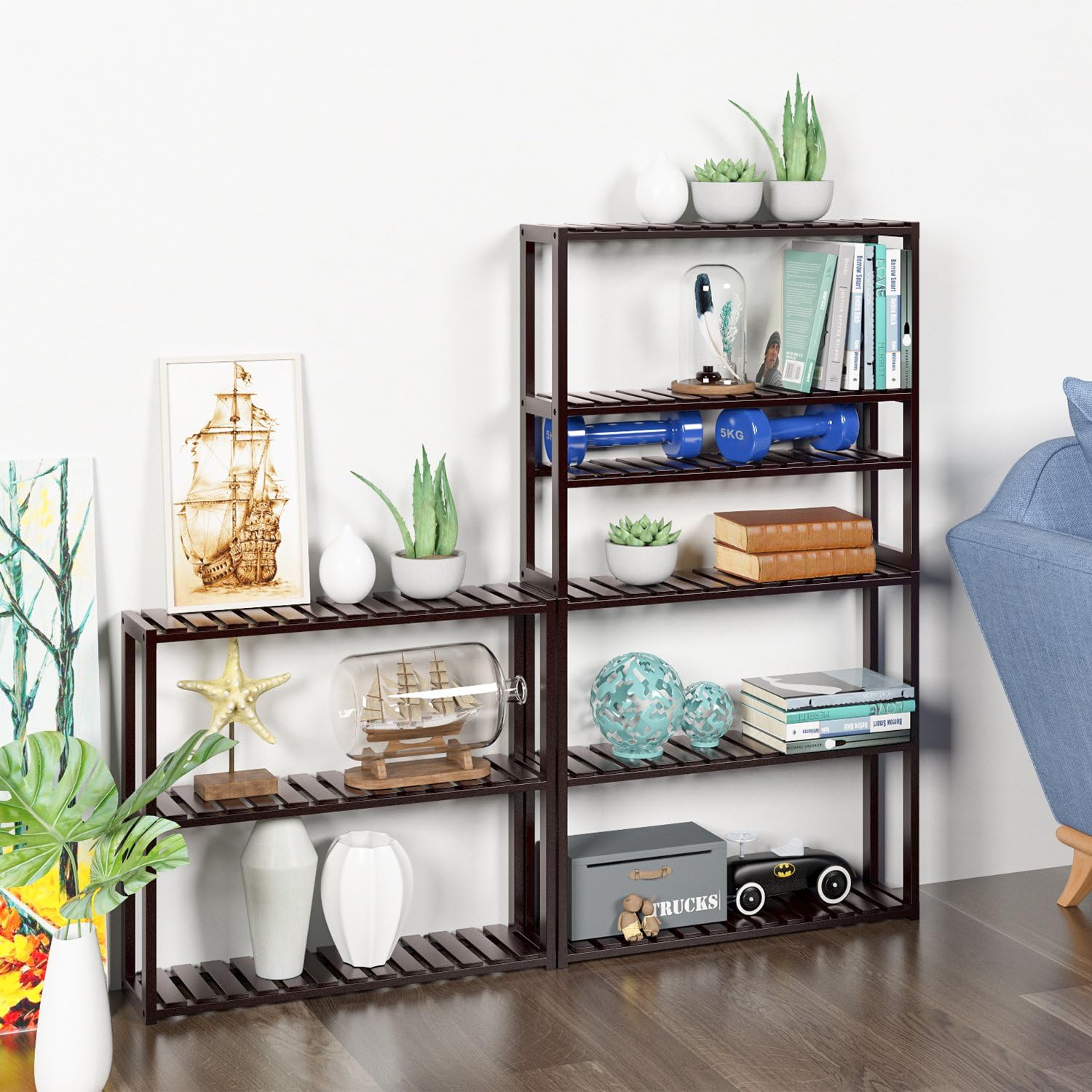 HOMFA Bamboo Bathroom Shelf 3-Tier Multifunctional Adjustable Layer Rack Wall Mounted Utility Storage Organizer Towel Shelves Kitchen Living Room Holder Dark Brown: Home Improvement