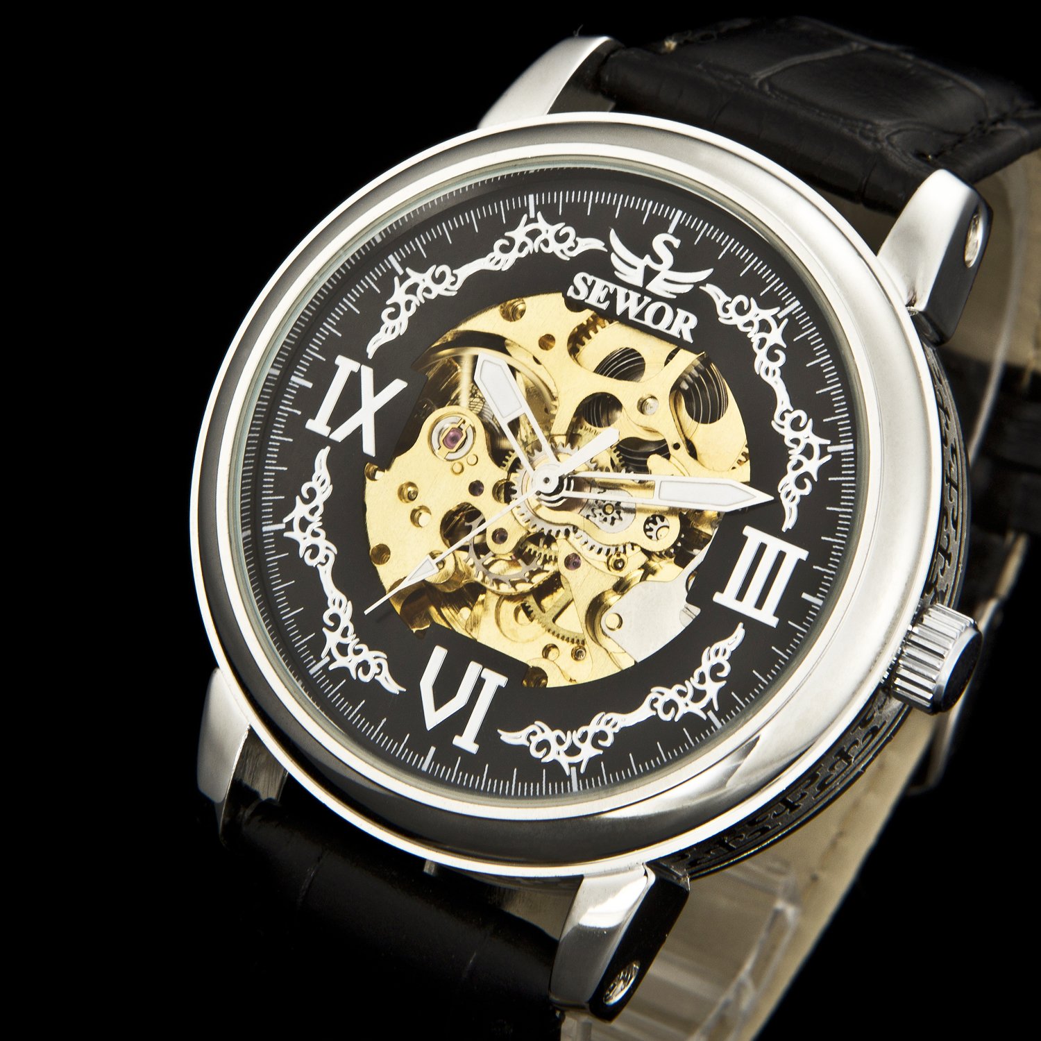 SEWOR Crusader Orologio da polso meccanico con scheletro trasparente a mano da uomo con cassa in pelle marrone e oro (Argento & Nero)