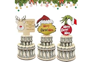 WHHKLQS Christmas Unique Money Holders Ornaments: Wooden Cash Cake Xmas Gift Double-Layer with 25 Holes - Reindeer Red Hat Green Elf Handmade Cash Tree Desktop Decoration Christmas Party (3pcs)