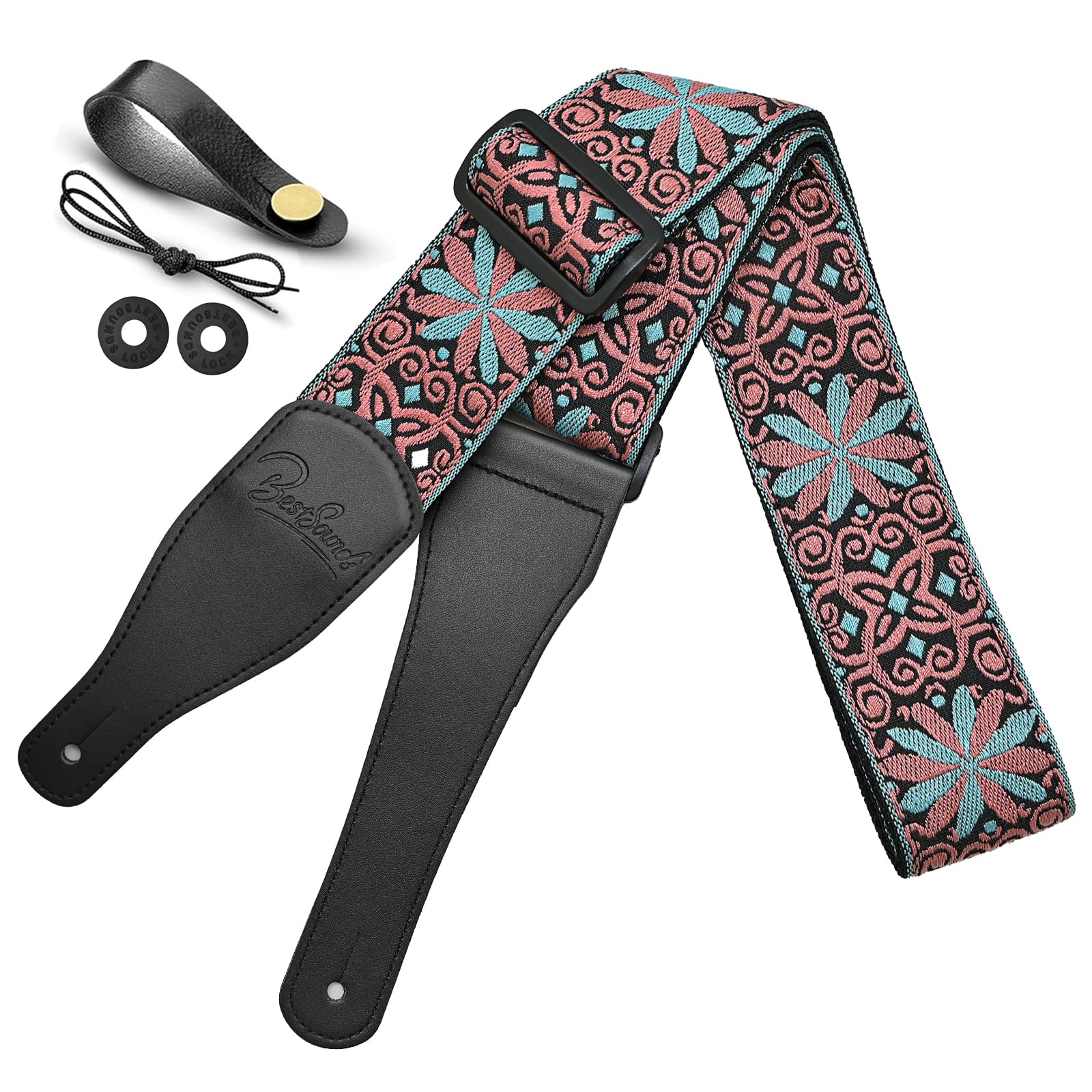 BestSounds Guitar Strap, Jacquard Embroidered Cotton Straps with Leather Ends Shoulder Strap for Bass, Acoustic, Electric Guitar (Jacquard Grapefruit)