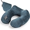 Skyrest Inflatable Travel Pillow - Airplane Pillow For Neck Support On Long Flights, Buses, Cars, Office & Trains - Comes With Eye Mask, Earplugs & Portable Drawstring Bag - Grey
