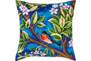 Brvsk Bird Needlepoint Kit for Adults and Beginners — Bullfinch. Tree by John Henry Dearle 16″ × 16″ with Clear, Precise Printed Design on Cotton Canvas; Includes 2 Needles, Yarn, and Easy-Read Chart
