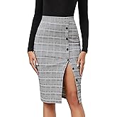 Byinns Women's 2025 High Waist Pencil Skirt Button Slit Work Skirts Plaid Business Bodycon Midi Skirt Knee Length