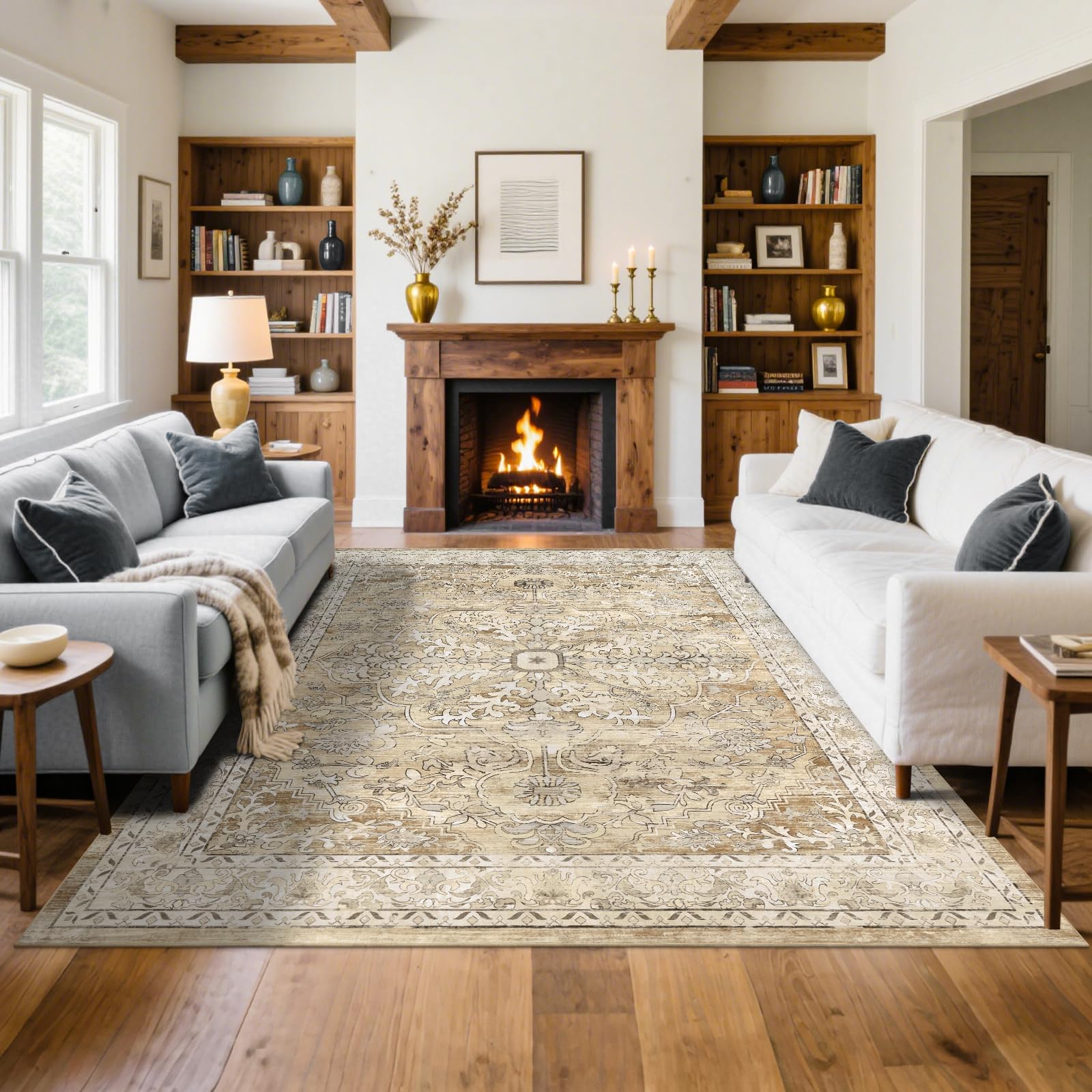 U'Artlines Boho Vintage Area Rug 8x10 Machine Washable Low Pile Soft Floor Carpet Non Slip Non Shedding Accent Rug for Living Room Bedroom Entryway Dining Room Office Cream Tan Image