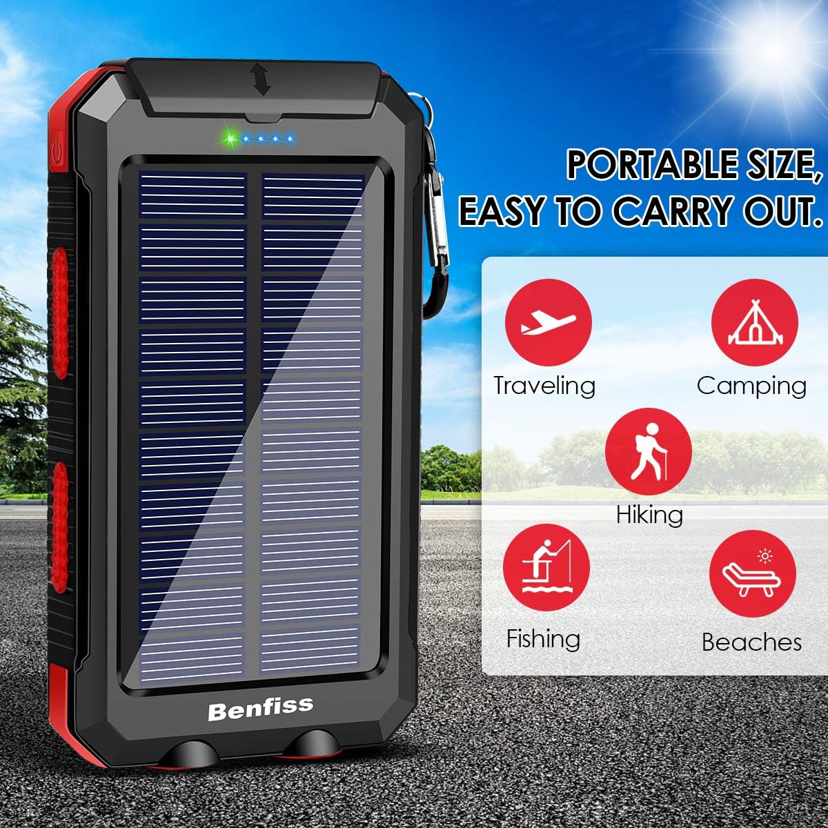 Solar Charger 20000mAh, BENFISS Ultra-Portable Durable Solar Power Bank with 2 USB Output 2 LED Flashlight and Compass, Waterproof Solar Battery Pack for Outdoor Activities/Emergency (Red): Home Audio & Theater