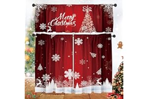 Cuteiush Christmas Valance Curtains Kitchen Window Set of 3 - Red & White Striped with Snowflakes, Tree & Reindeer Patterns, Living Room Bedroom Bathroom Festive Home Decor for Holiday Season
