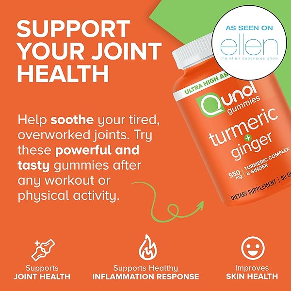 QUNOL TURMERIC AND GINGER GUMMIES, TURMERIC CURCUMIN SUPPLEMENT + GINGER, JOINT SUPPORT GUMMY, ULTRA HIGH ABSORPTION, VEGAN, GLUTEN FREE, 1 MONTH SUPPLY, 60CT GUMMIES
