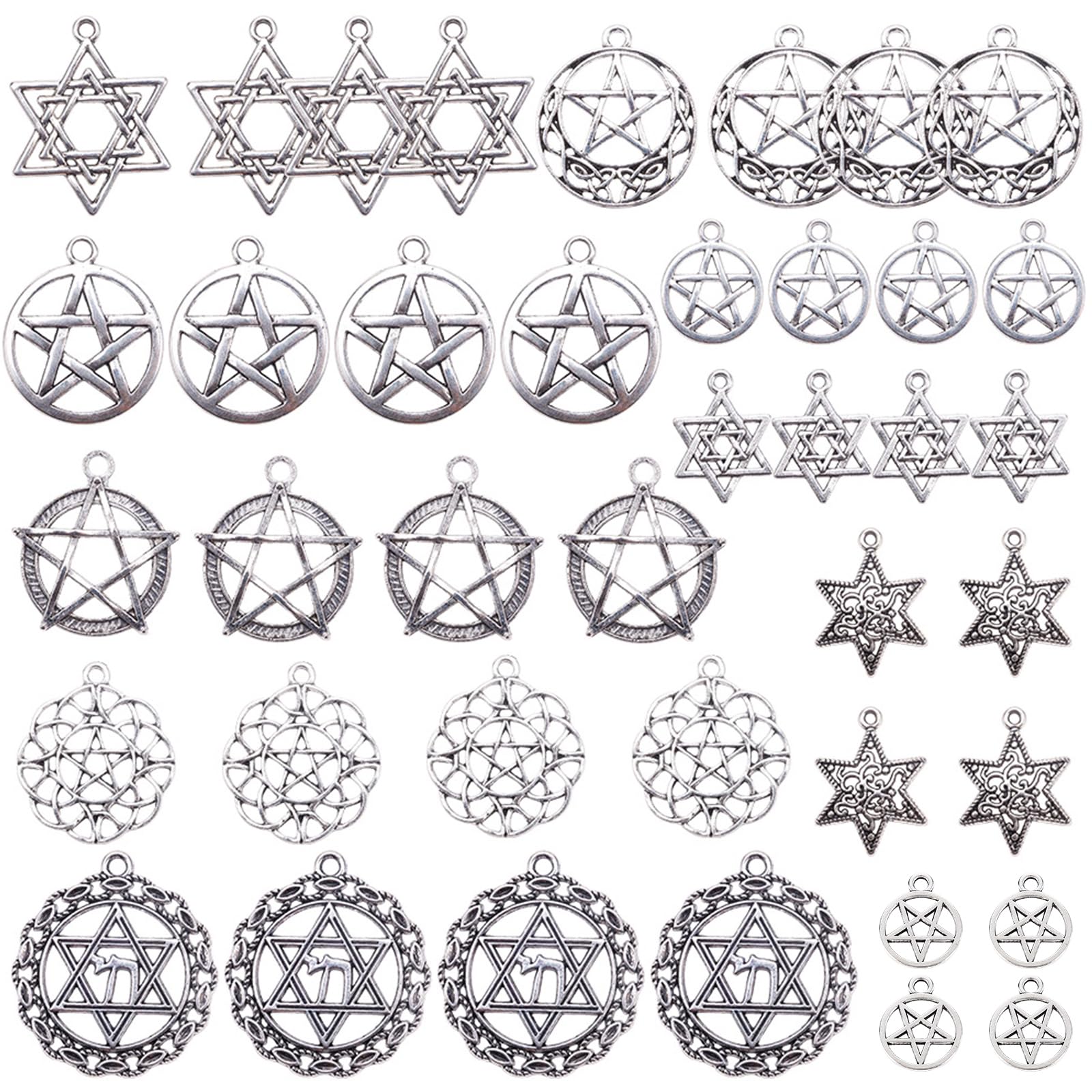 SUNNYCLUE 10 Styles Large Size Pentacle Hexagram Star Charms Protection Lucky Charm Vintage Star Pendants for DIY Earrings Bracelet Necklaces Jewellery Making, Antique Silver — image 1