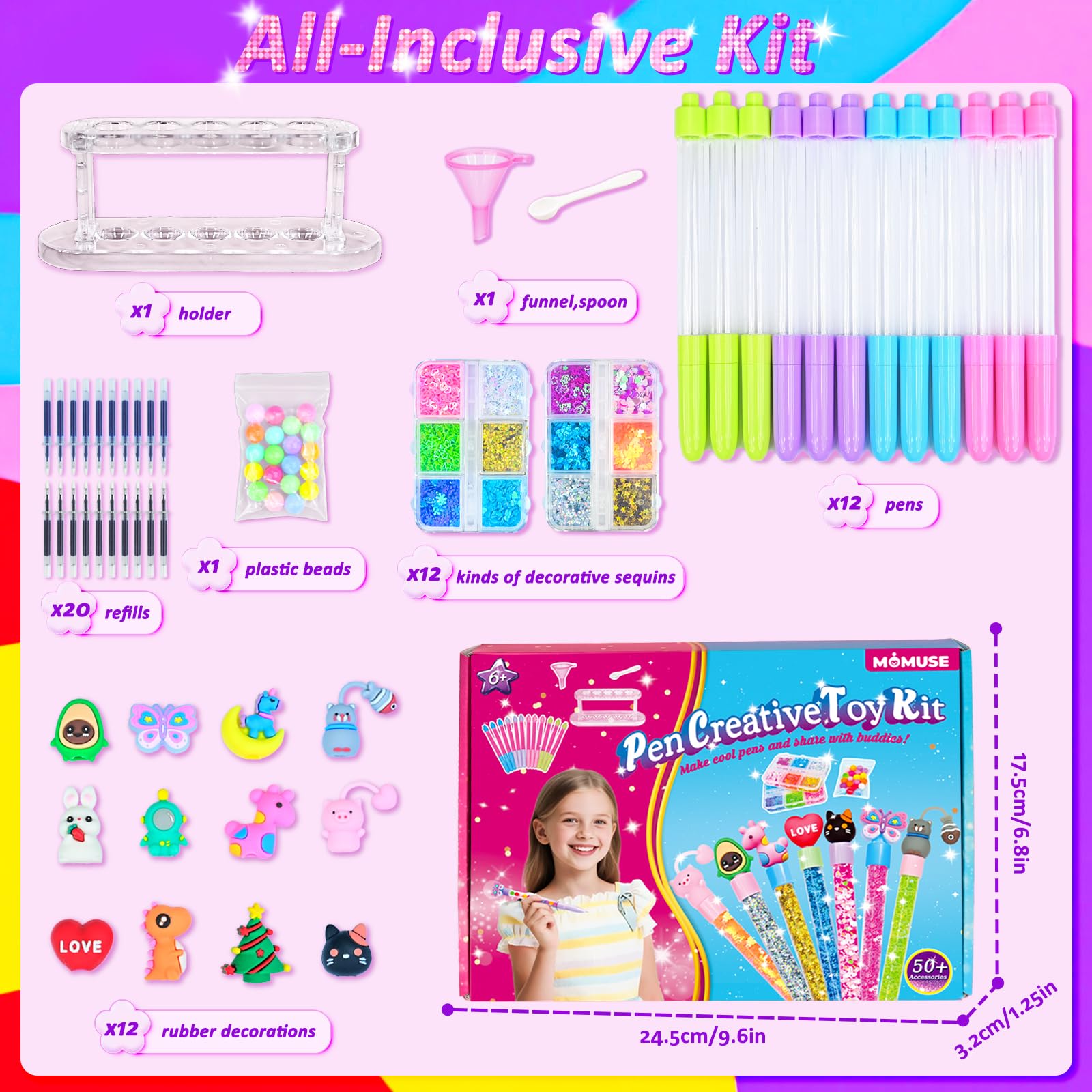MOMUSE 50 Accessories DIY Pen Making Kit, Fun Pen Creator Studio – Making 12 Sparkly Pens with Sequins Beads, Creative Art Craft Kits Birthday Back School Gift for Kids Tweens Girls 6 7 8 9 10 Years