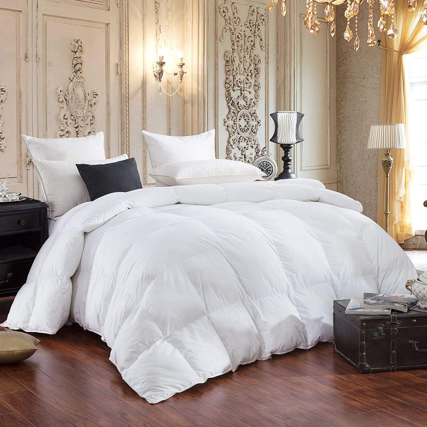 Egyptian Bedding 600-Thread-Count Egyptian Cotton Siberian Goose Down Comforter, 750 Fill Power, Baffle Box Design - Solid White (Queen Size): Home & Kitchen