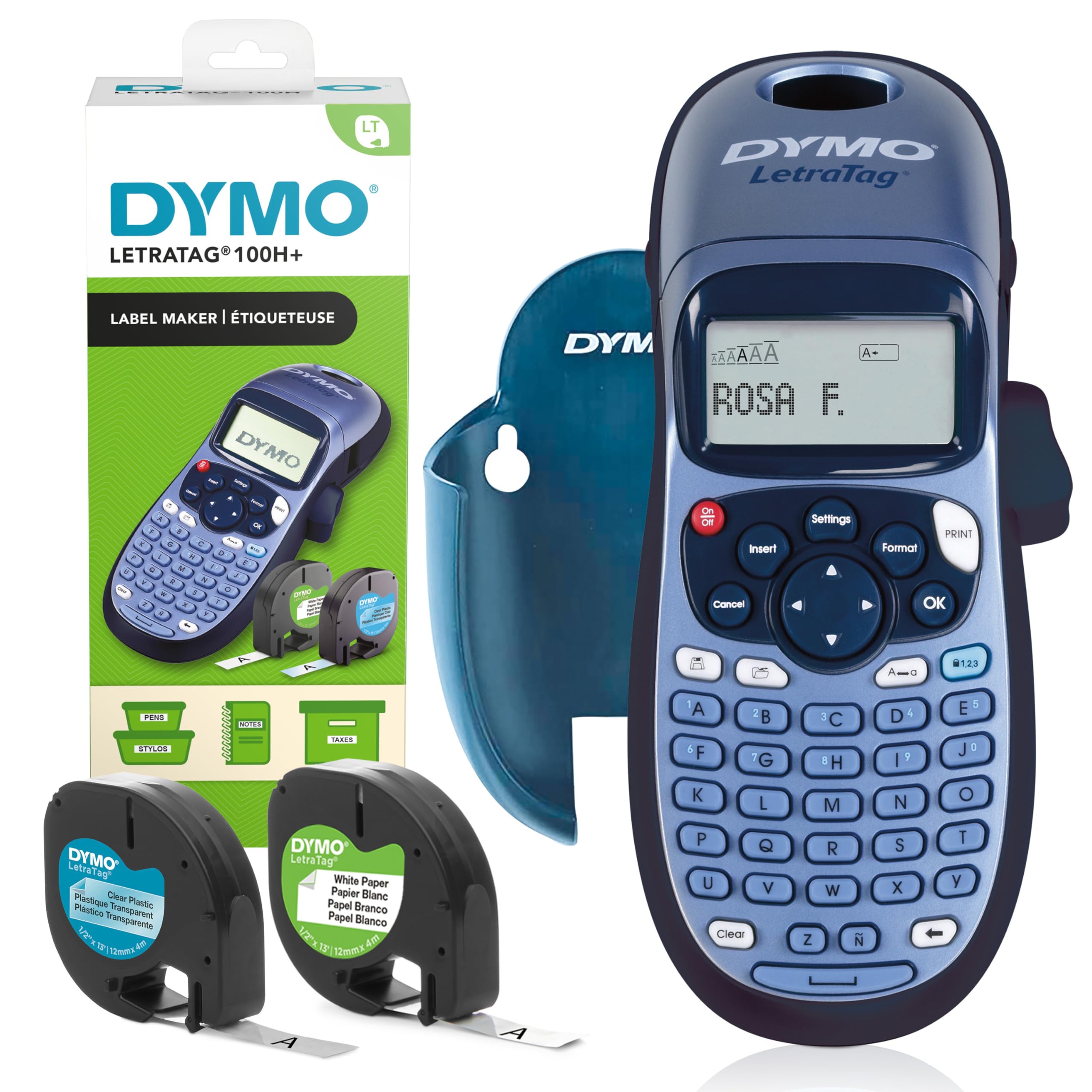 DYMO LetraTag LT-100H Label Maker Starter Kit+ | Handheld Label Printer Machine | with PaperClear Plastic Label Tape & Machine Holder | Ideal for Office or Home