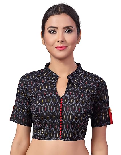 Women's Cotton Ikat Printed Saree Blouse with Shirt Collar and Roll up Sleeves