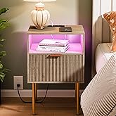 JOONEE Modern Nightstand with Charging Station and LED Lights, White Bedside Table with Drawer, Fluted Side Table for Living Room, Bedroom