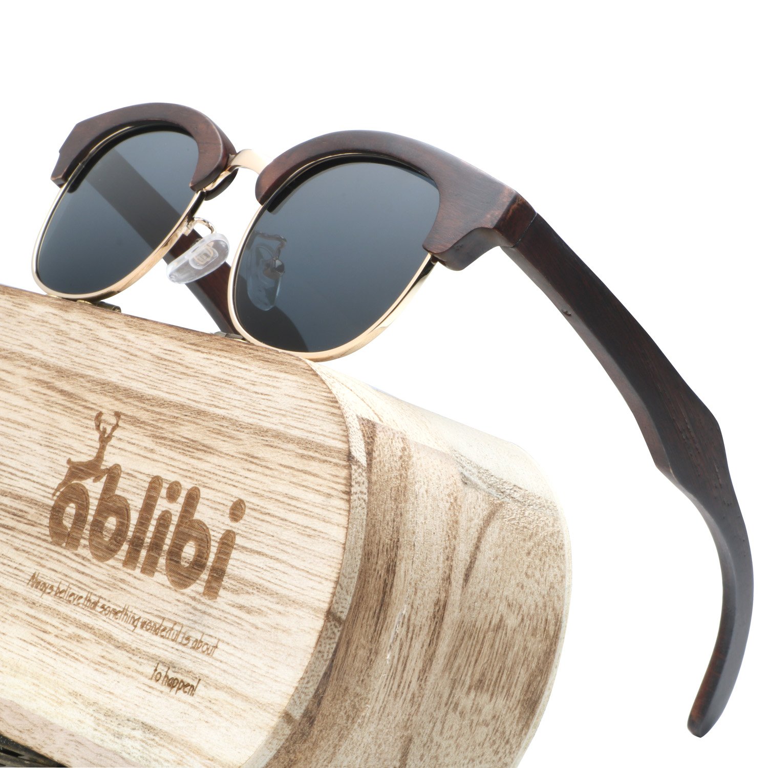 Ablibi Real Ebony Wood Polarized Sunglasses for Mens Semi Rimless Classic Shades(Ebony Wood, Grey)