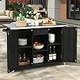 Outdoor Kitchen Island Fir Wood Kitchen Island with Stainless Steel Top,Ample Storage Space, Towel and Spice Racks and a Bottle Opener for Outdoor (Black@53)