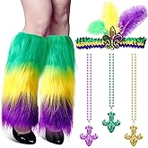 5 Pcs Mardi Gras Leg Warmer for Women Mardi Gras Outfit Accessories Faux Fur Leg Warmer Sequins Feather Headband Bead Necklaces with Pendant for Adult Women Carnival Party Masquerade Costume