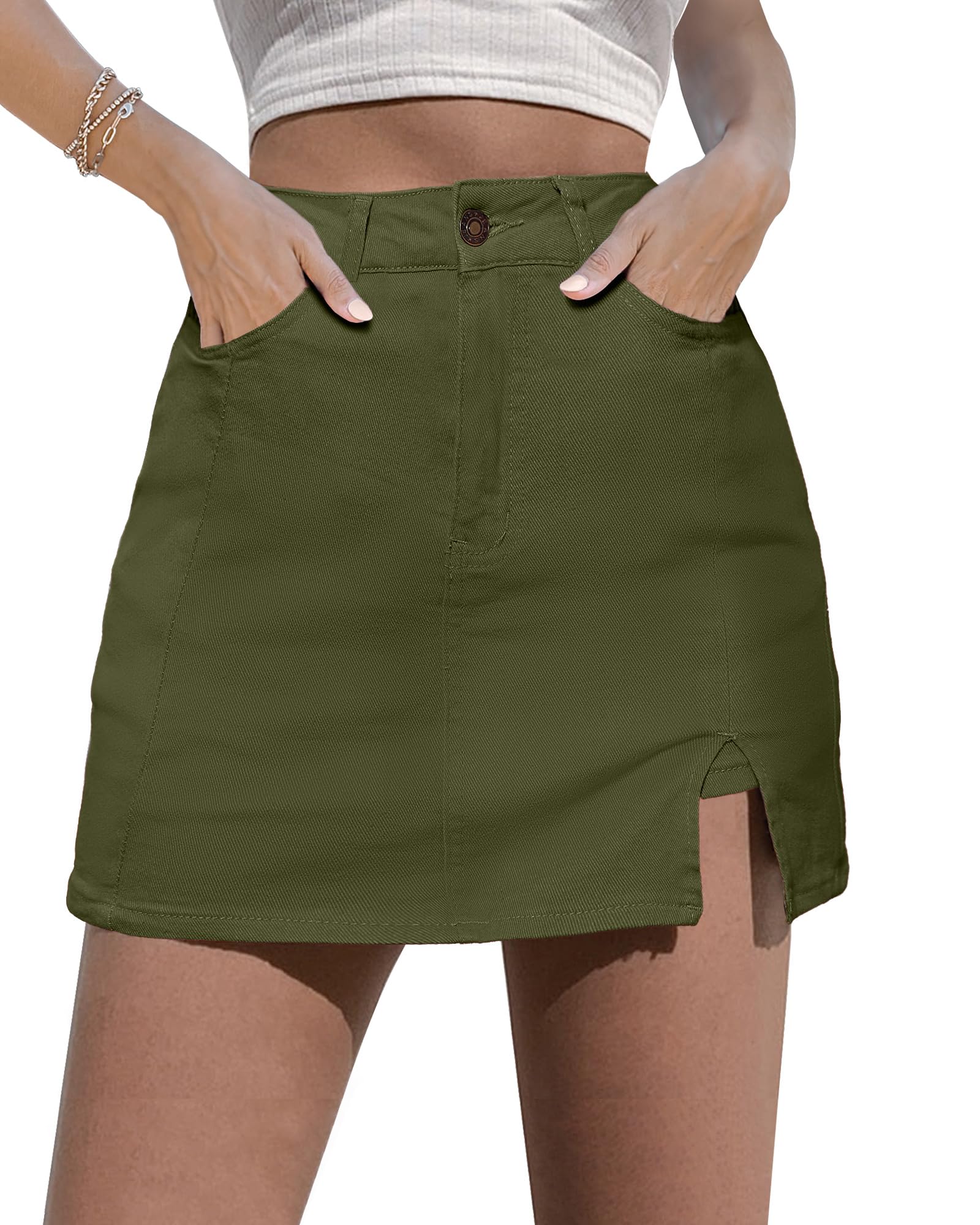 Photo 1 of luvamia Skorts Skirts for Women Denim Mini Skirt Side Slit with High Wasited Jean Shorts Stretchy Denim Mini Skirt Green Shorts Women Olive Green X-Large Size 16-18